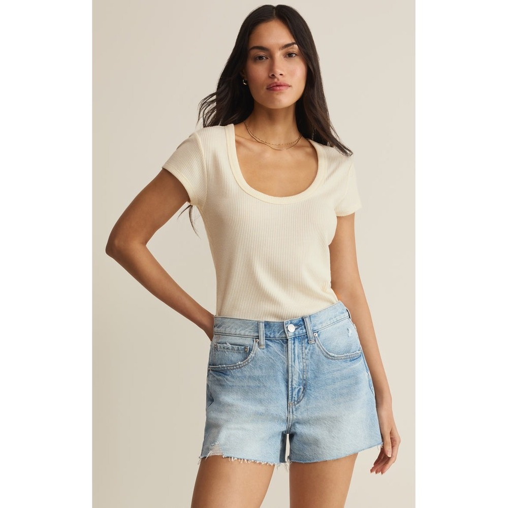 Z Supply Womens Ribbed Scoop Neck Short Sleeve Tee Beige ZT231403S Size L